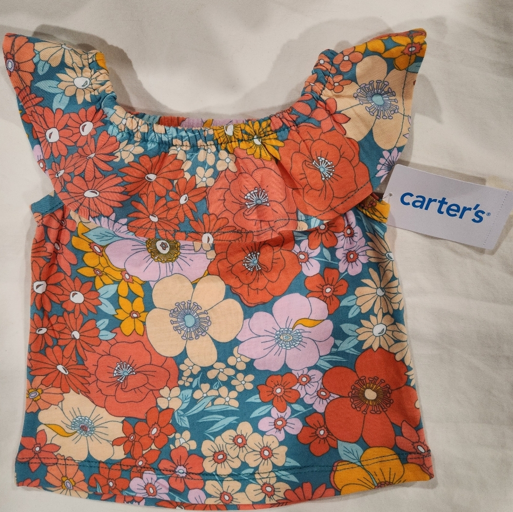 Carter's Girl's 2-Piece Orange Floral Yoke-Neck Top & Chambray Short Set 3M NWT - Picture 4 of 8